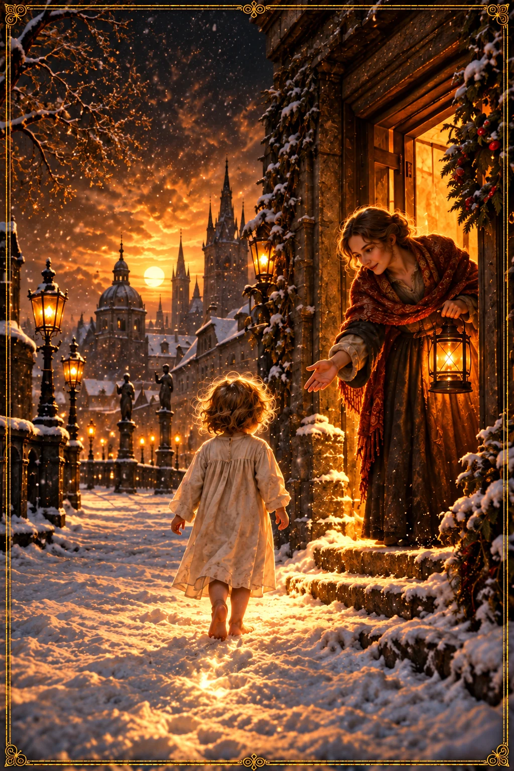 A child and a woman in a snowy street