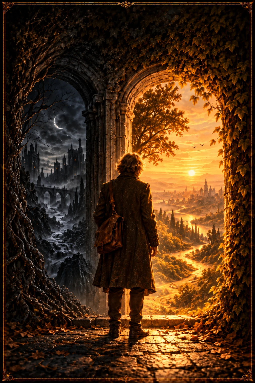 A person standing at the threshold between darkness and light